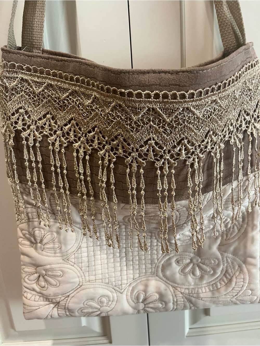 Beaded Fringe Quilted Shoulder Bag in Taupe and Cream
